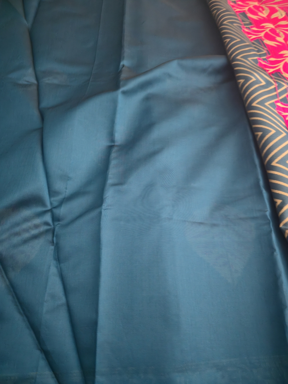 Bombay Teal Blue Plain Satin Saree with Pink Floral Border